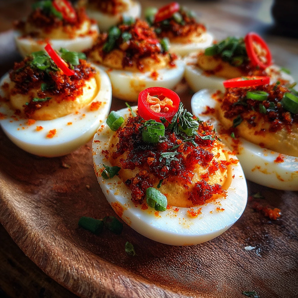 Easy Spicy Chili Garlic Deviled Eggs with Creamy Zing