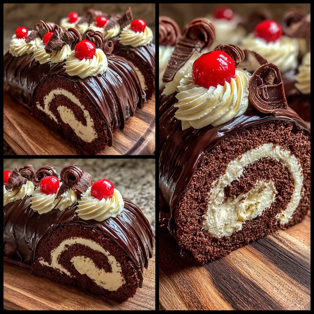 Decadent Elegant Black Forest Cake Roll with Cherry and Chocolate Ganache