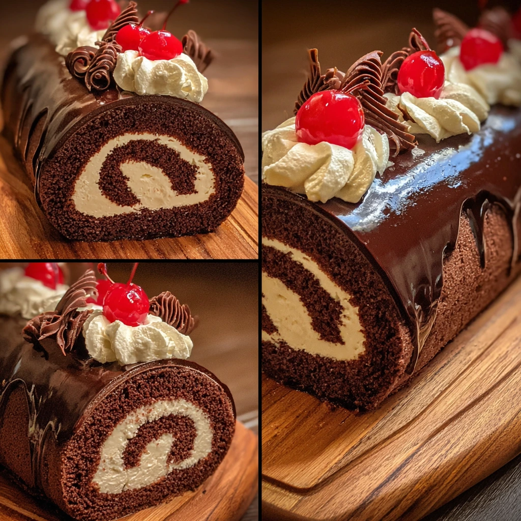 Decadent Elegant Black Forest Cake Roll with Cherry and Chocolate Ganache