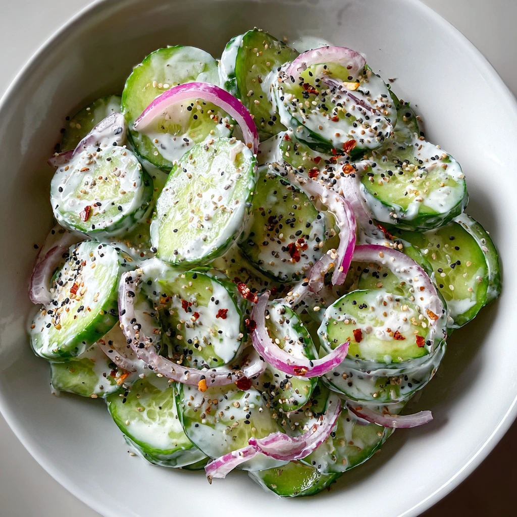Delicious Everything Bagel Cucumber Salad with Creamy Dressing and Crunchy Toppings