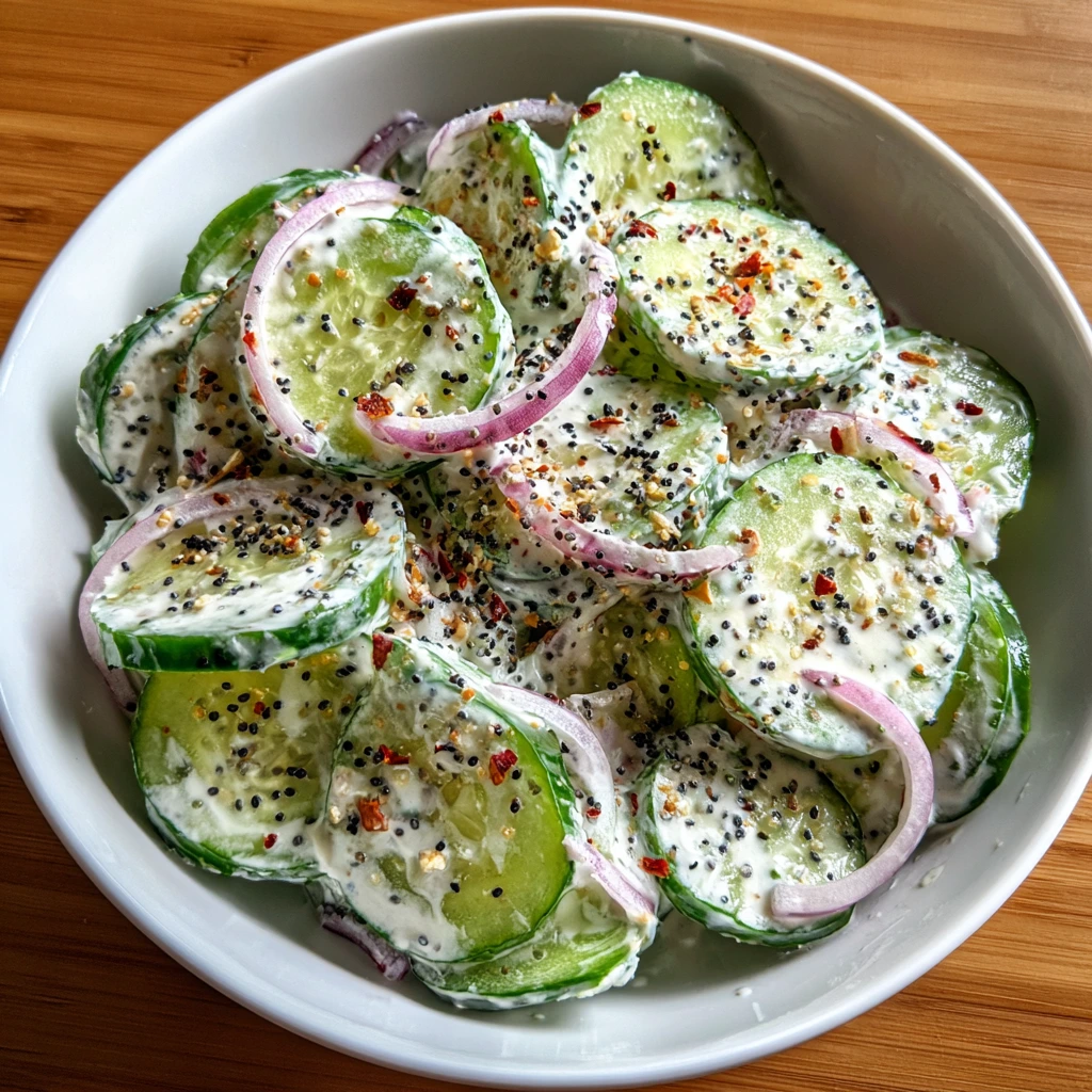 Delicious Everything Bagel Cucumber Salad with Creamy Dressing and Crunchy Toppings