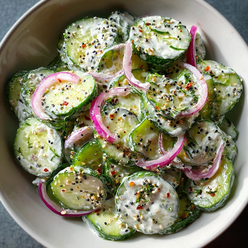 Delicious Everything Bagel Cucumber Salad with Creamy Dressing and Crunchy Toppings