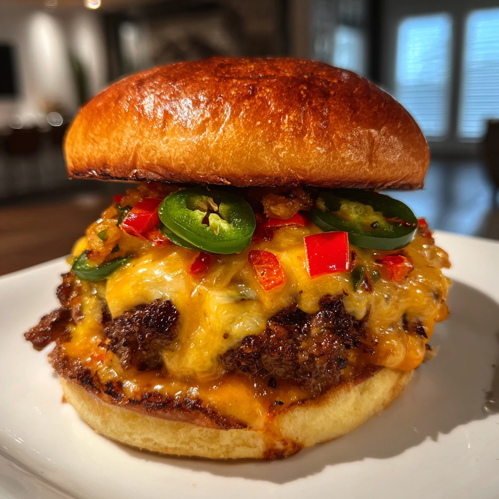 Flaming Fajita Queso Burst Burger with Spicy Pepper Jack and Guacamole
