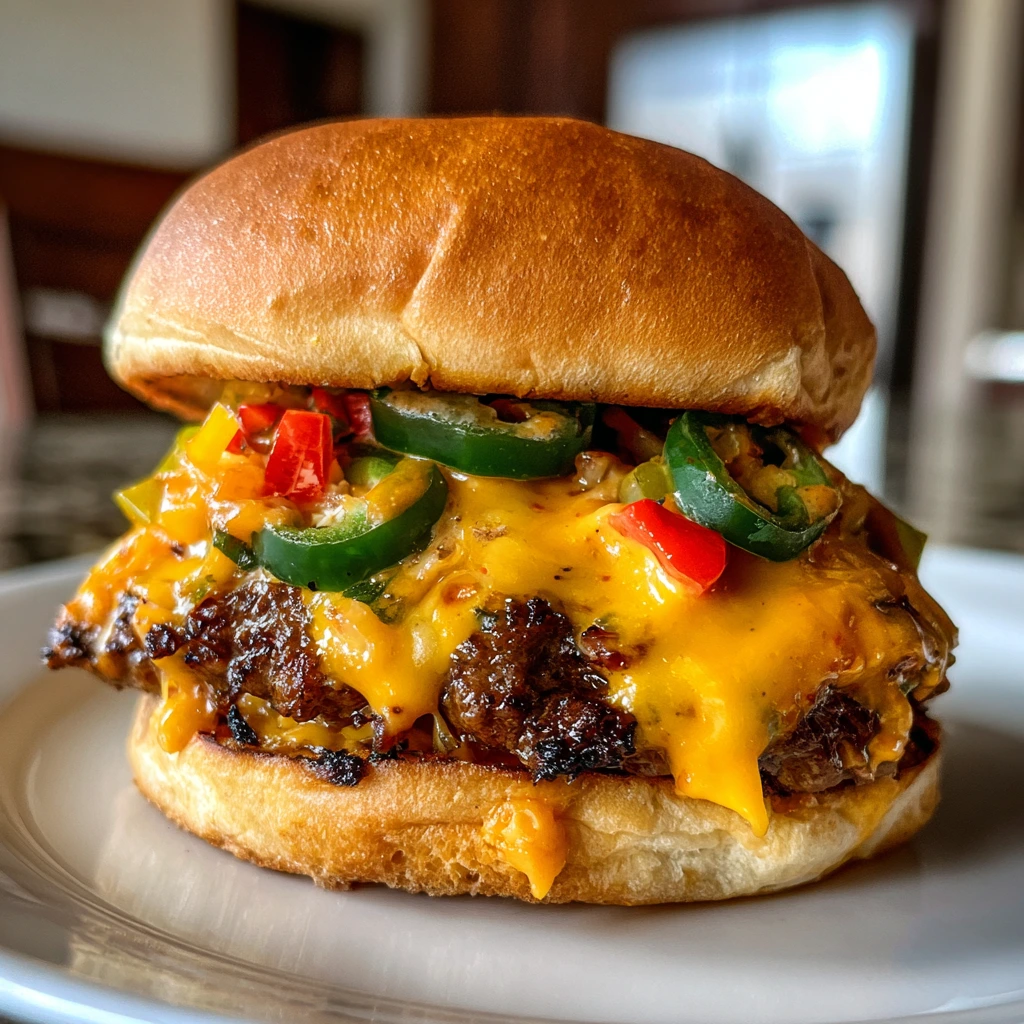 Flaming Fajita Queso Burst Burger with Spicy Pepper Jack and Guacamole