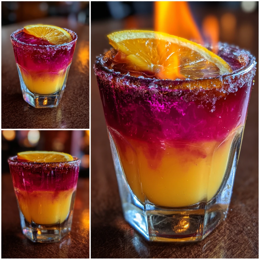 Vibrant Flaming Sunset Shots with Tropical Flavors and Eye-Catching Presentation