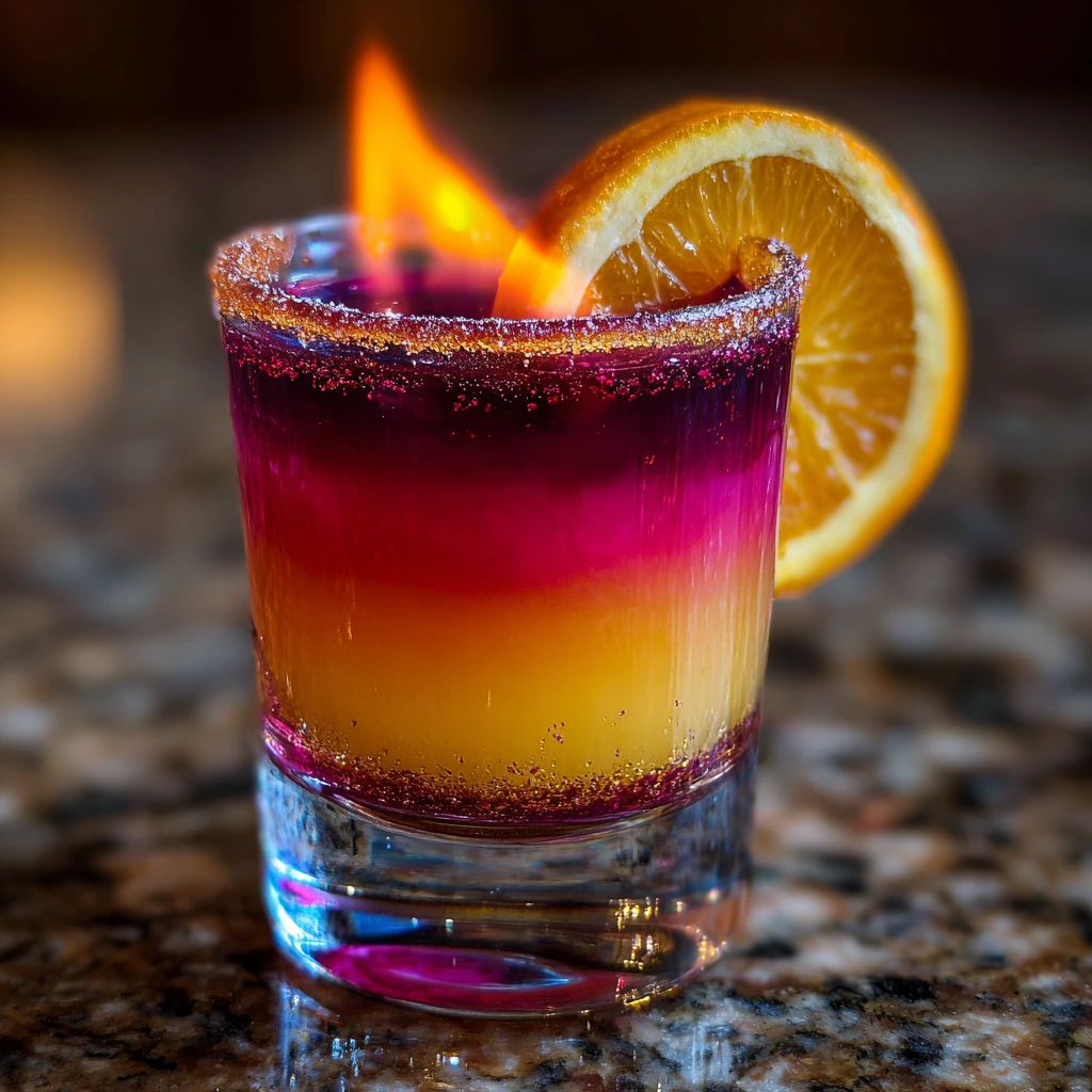 Vibrant Flaming Sunset Shots with Tropical Flavors and Eye-Catching Presentation