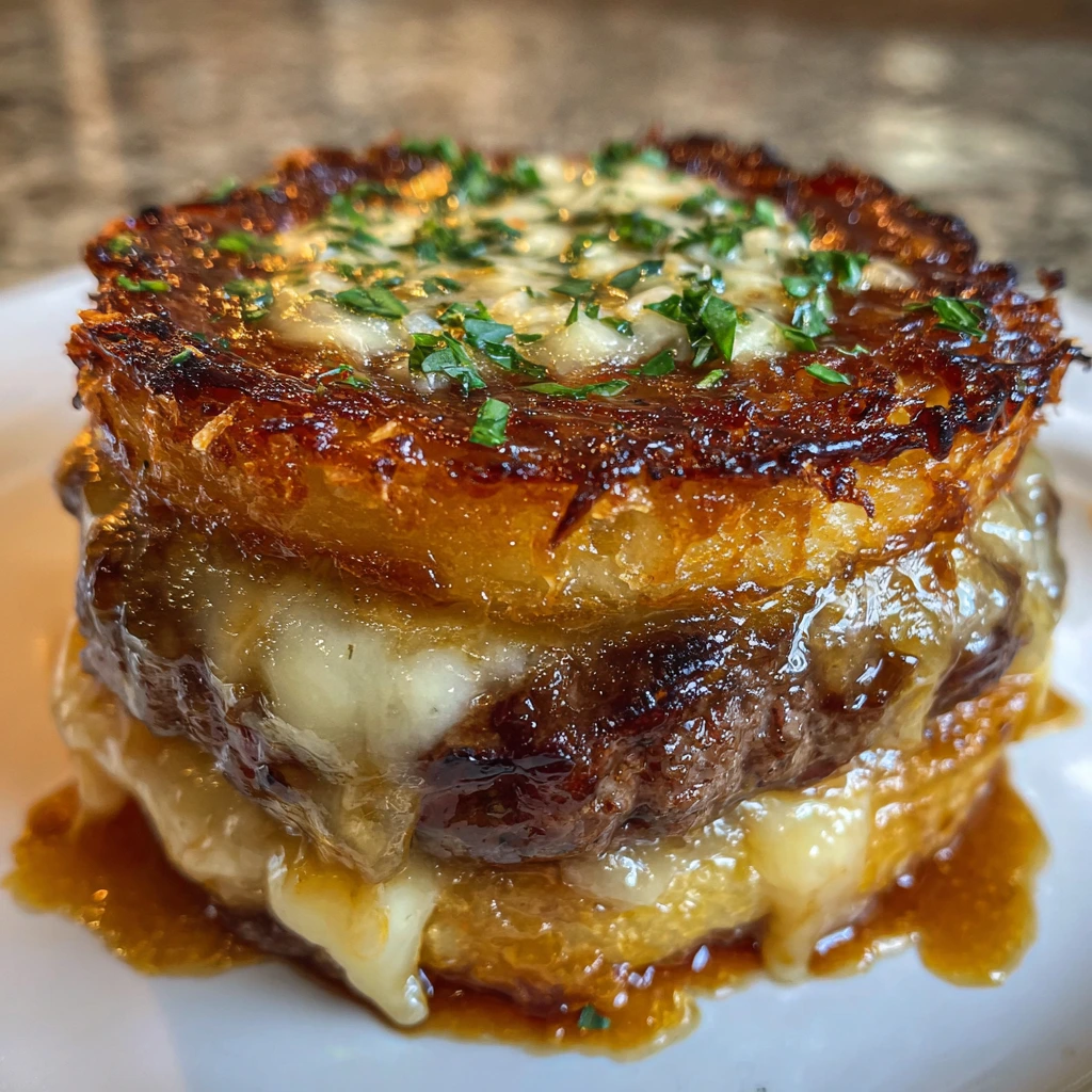 Indulgent Flying Dutchman Burger with Sweet Caramelized Onion Buns