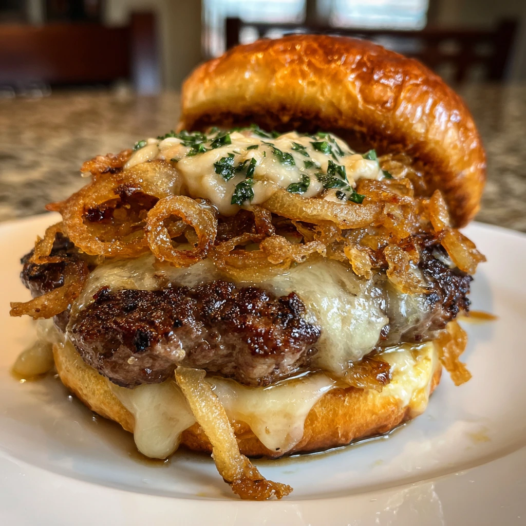 Indulgent Flying Dutchman Burger with Sweet Caramelized Onion Buns