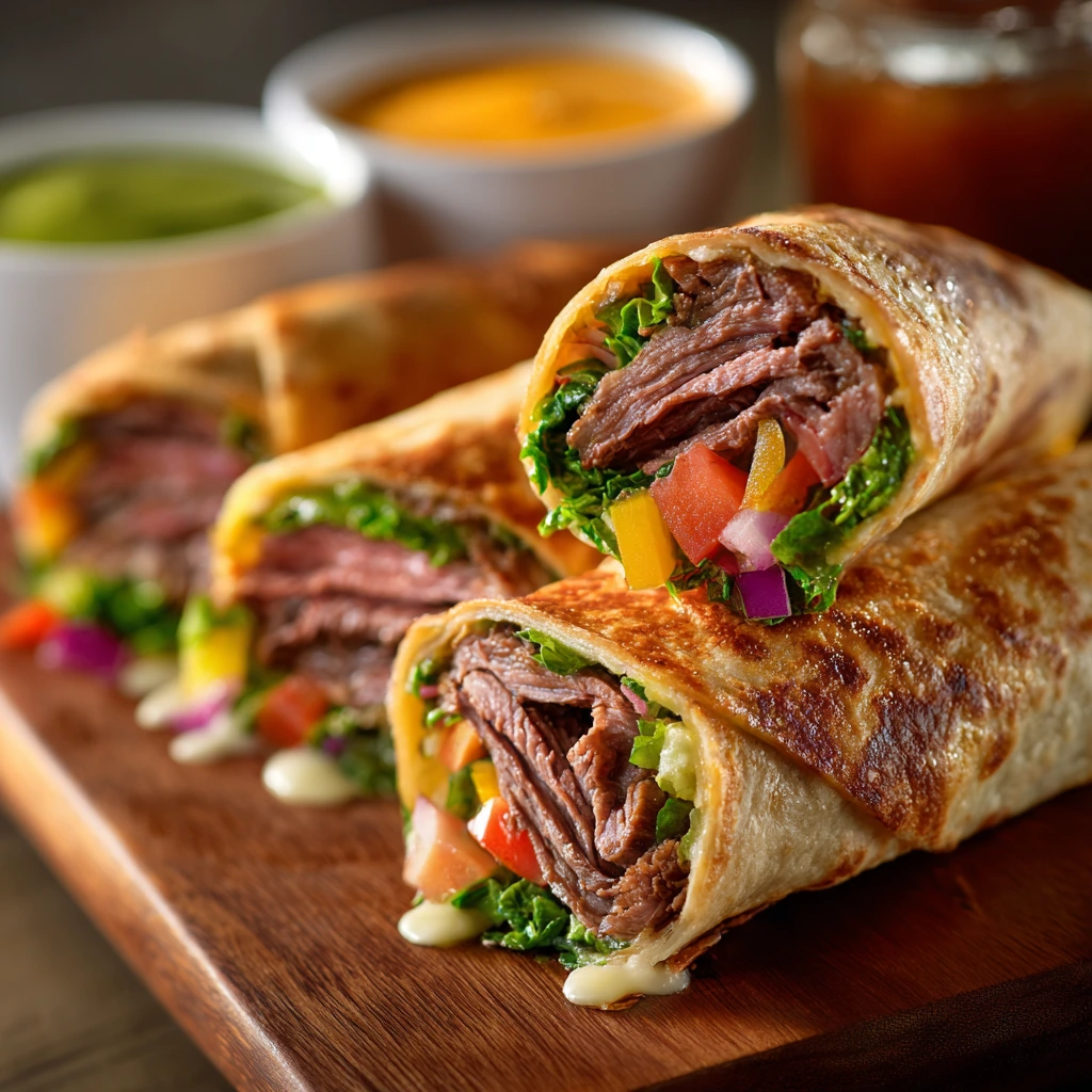 Savory French Dip Tortilla Roll Ups with Roast Beef and Cheese