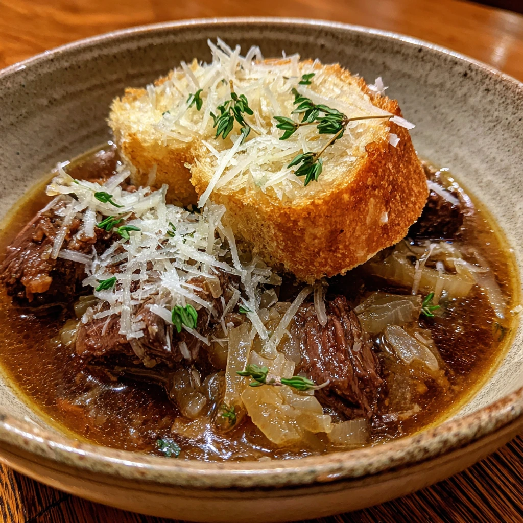 Savory French Onion Beef Stew with Melted Gruyère and Fresh Thyme