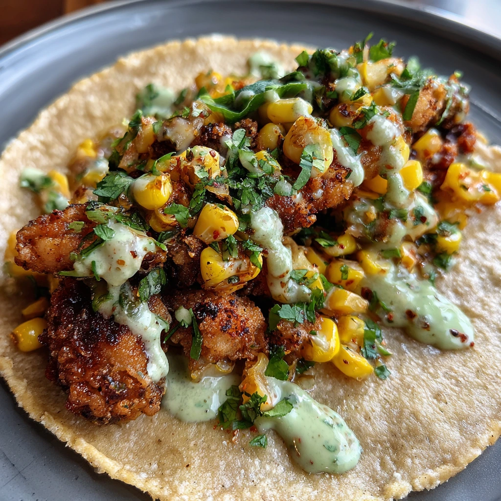 Crispy Fried Chicken Street Corn Tacos with Spicy Jalapeño Lime Ranch Dressing