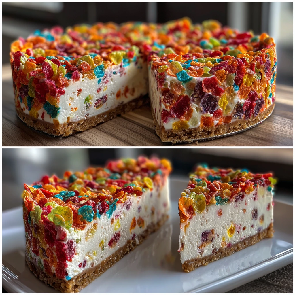 Delightfully Creamy Fruity Pebbles Cheesecake with a Crunchy Crust