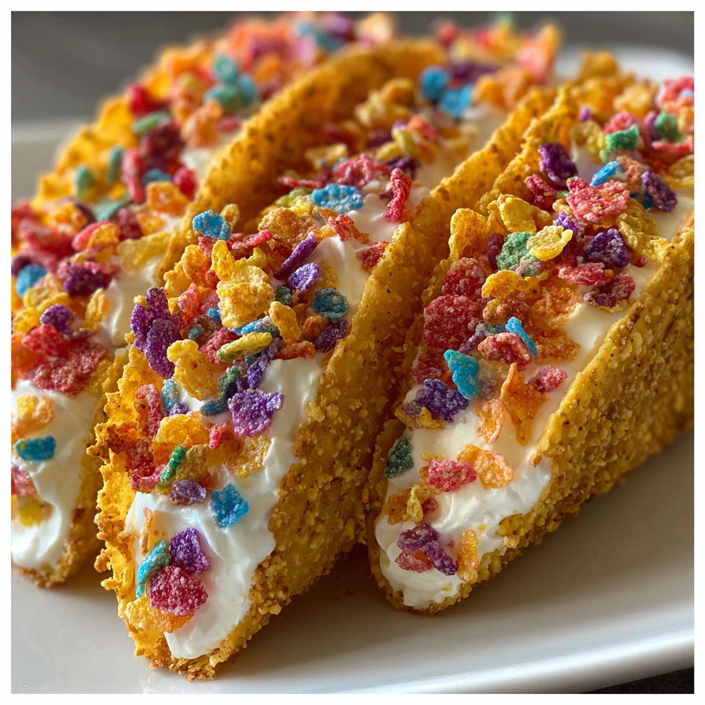 Delicious Fruity Pebbles Cheesecake Tacos with Whipped Cream and Fresh Fruit