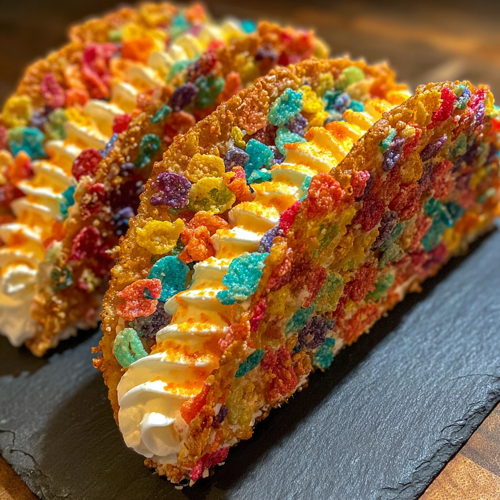 Delicious Fruity Pebbles Cheesecake Tacos with Colorful Crunch