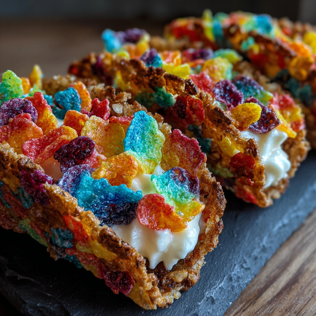 Delicious Fruity Pebbles Cheesecake Tacos with Colorful Crunch