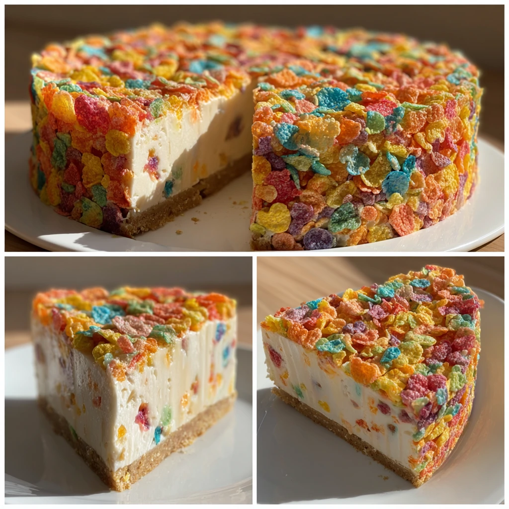 Delightfully Creamy Fruity Pebbles Cheesecake with a Crunchy Crust