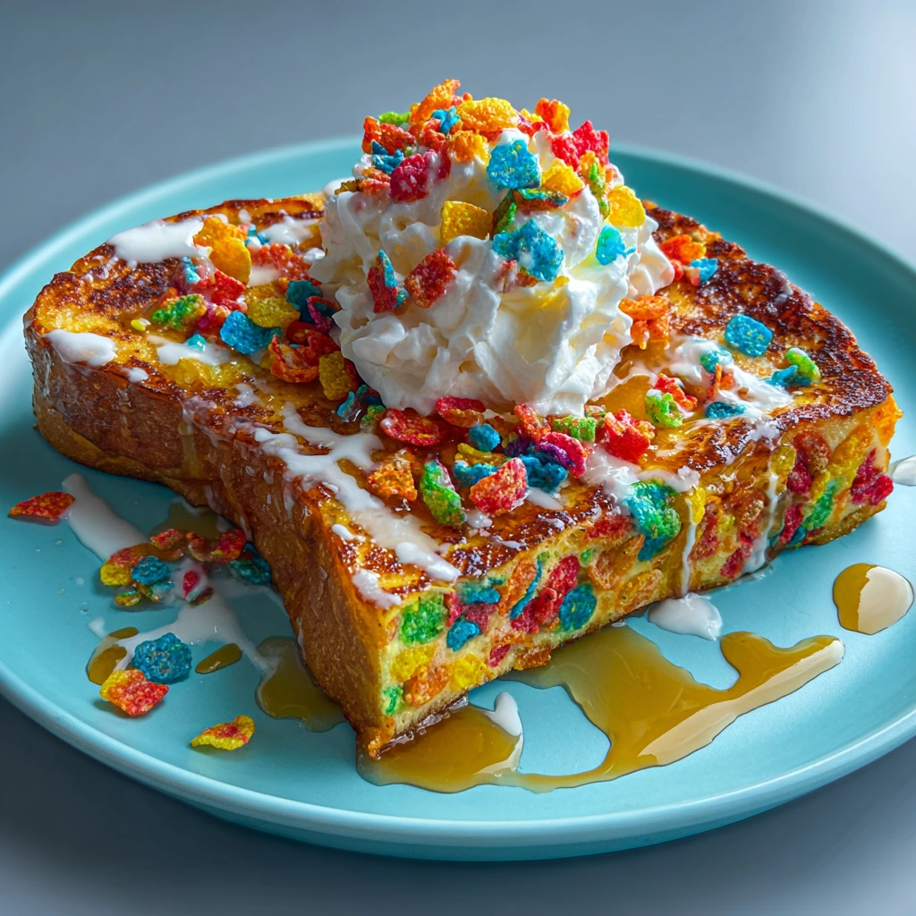 Delightfully Crunchy Fruity Pebbles French Toast with Creamy Maple Syrup