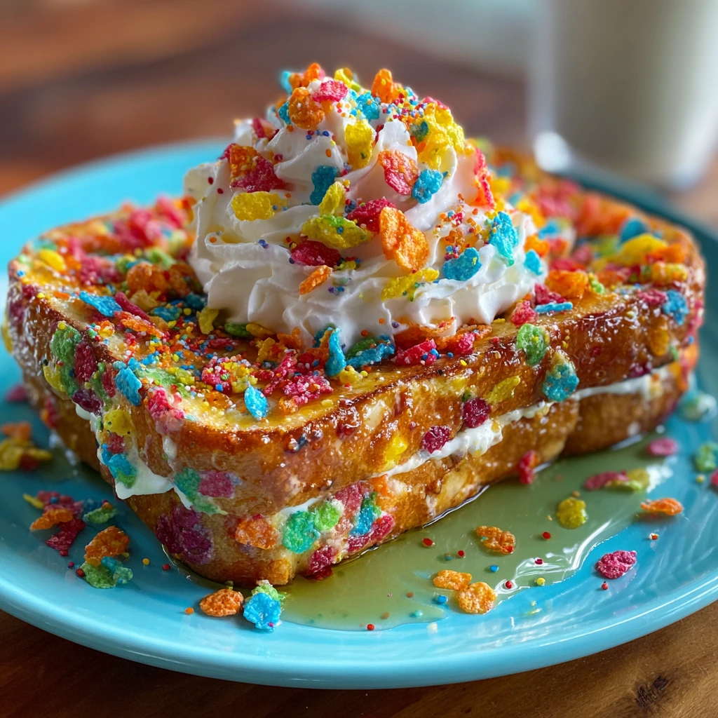 Delightfully Crunchy Fruity Pebbles French Toast with Creamy Maple Syrup