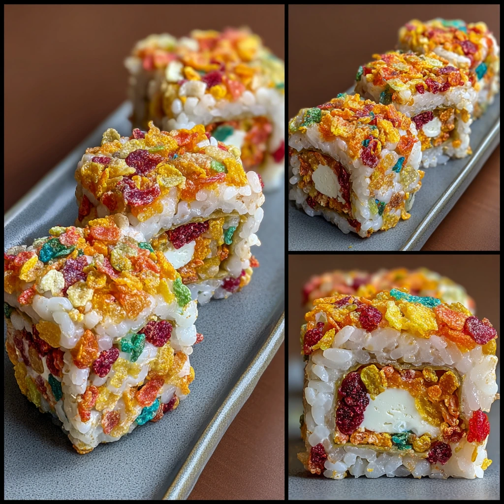 Colorful Fruity Pebbles Sushi Rolls with Creamy Peanut Butter and Banana