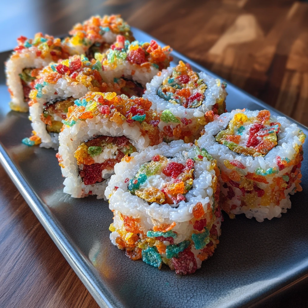 Colorful Fruity Pebbles Sushi Rolls with Creamy Peanut Butter and Banana