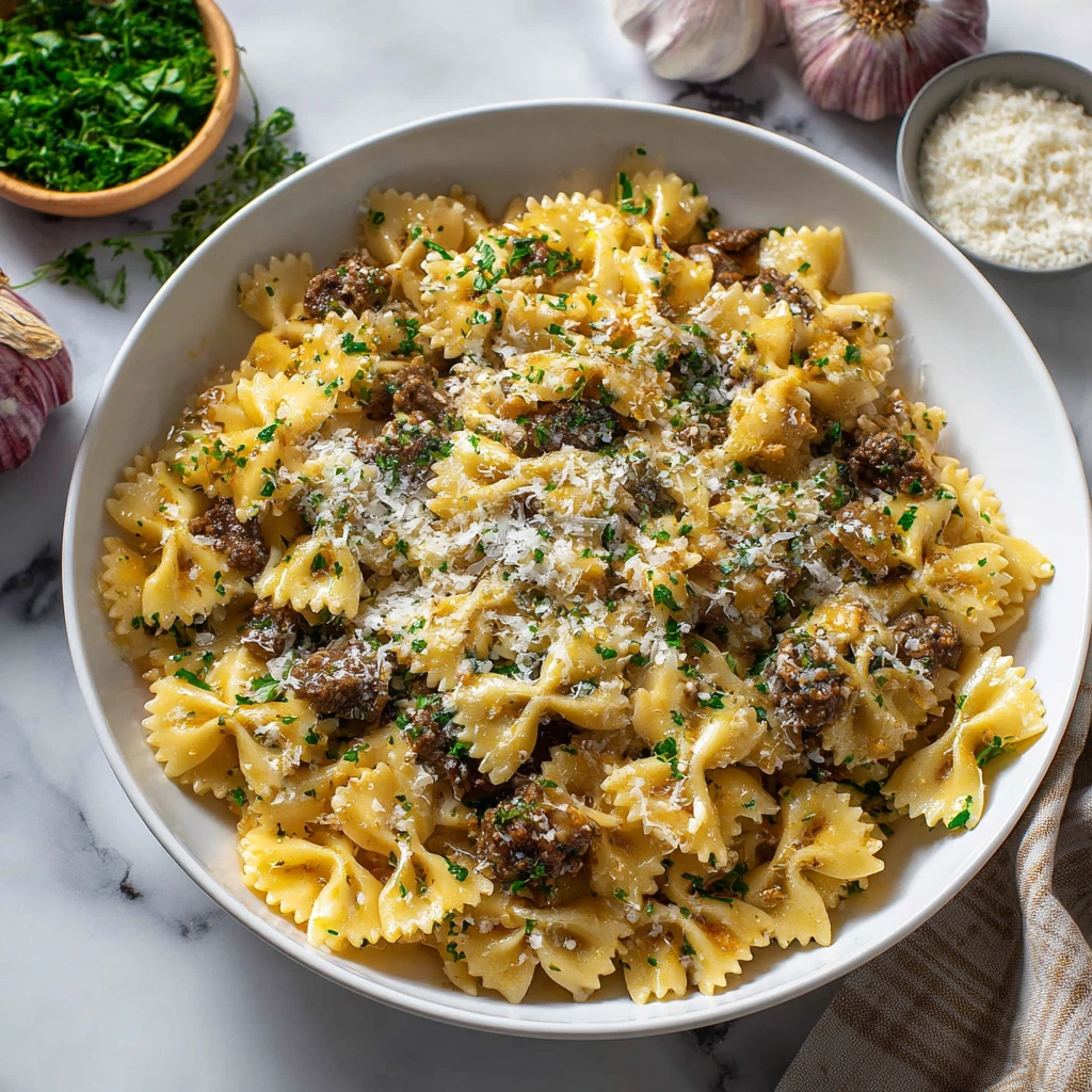 Savory Garlic Butter Bowtie Pasta with Tender Beef Perfection