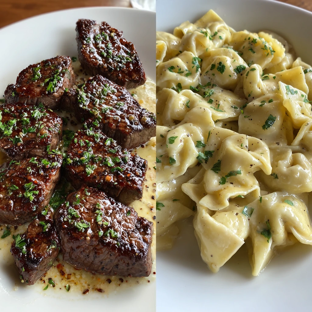 Savory Garlic Butter Steak with Creamy Cheesy Alfredo Tortellini