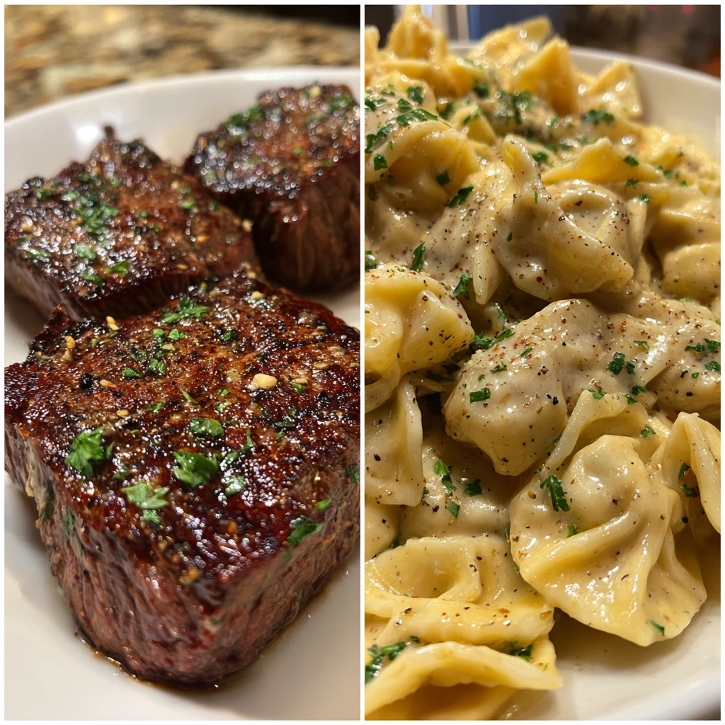 Savory Garlic Butter Steak with Creamy Cheesy Alfredo Tortellini