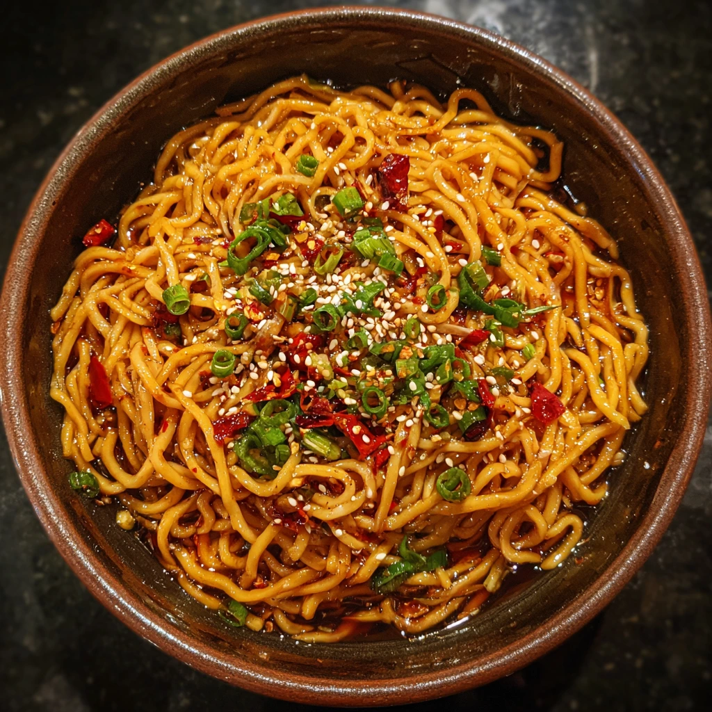 Savory Garlic Chili Oil Noodles with Fresh Vegetables and Herbs