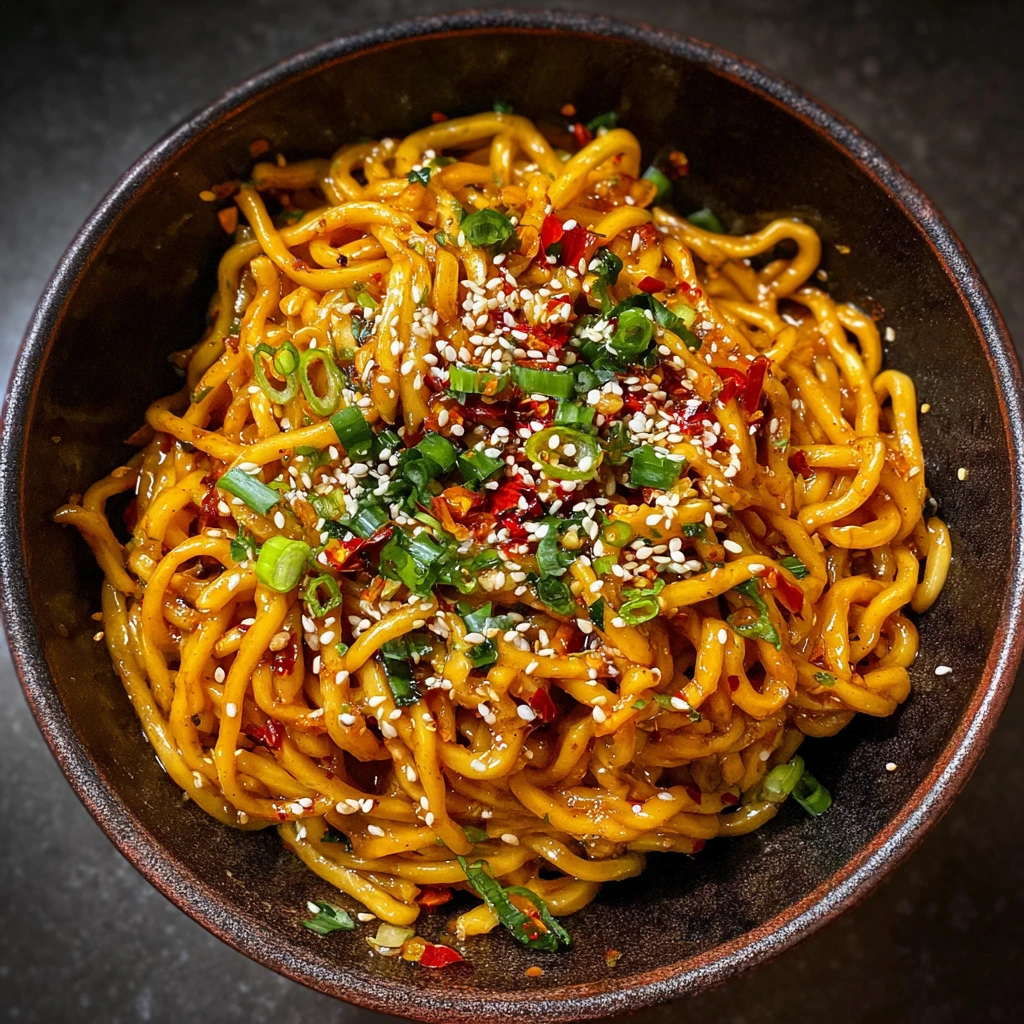 Savory Garlic Chili Oil Noodles with Fresh Vegetables and Herbs