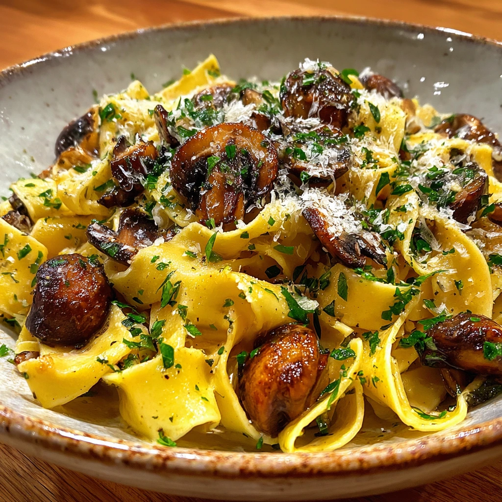 Creamy Garlic Mushroom Pasta with Fresh Herbs and Parmesan Cheese