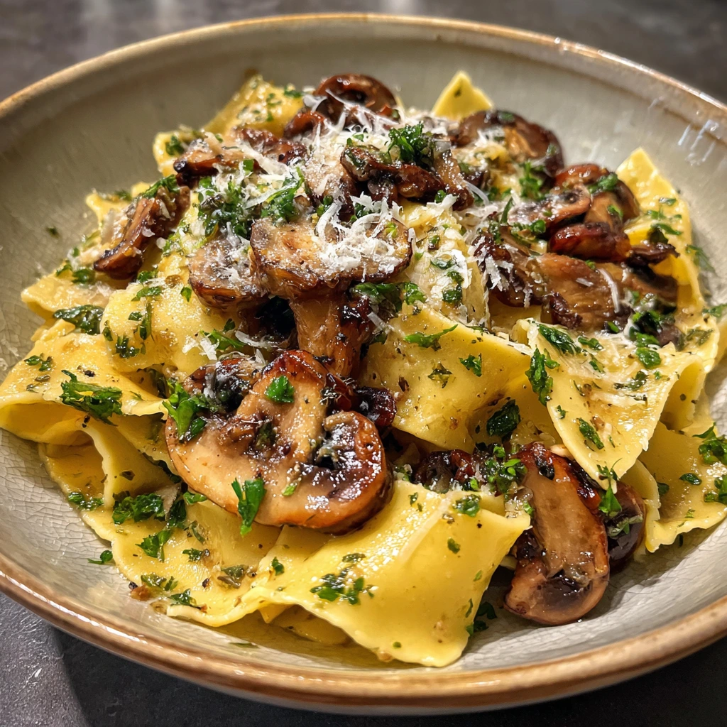 Creamy Garlic Mushroom Pasta with Fresh Herbs and Parmesan Cheese