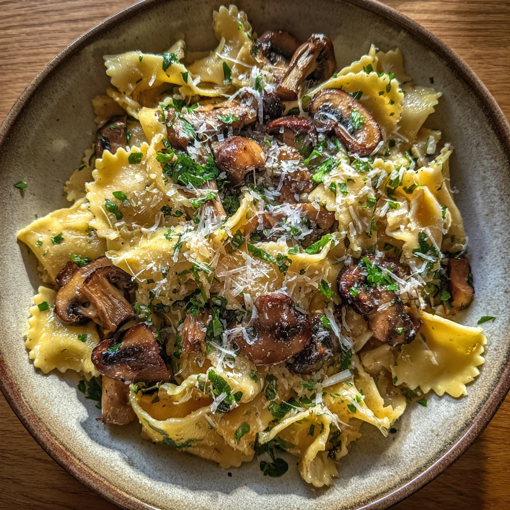 Creamy Garlic Mushroom Pasta with Fresh Herbs and Parmesan Cheese