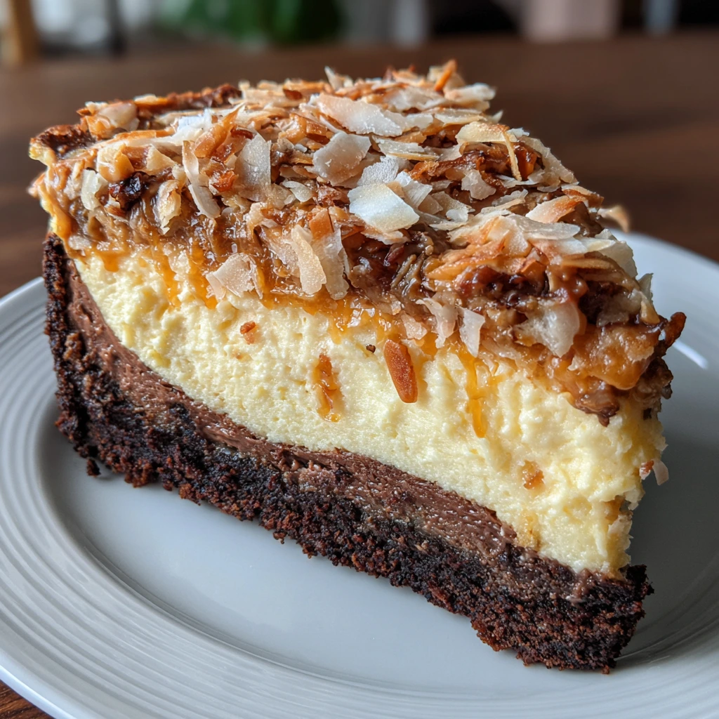 Decadent German Chocolate Cheesecake with Rich Chocolate and Coconut Topping