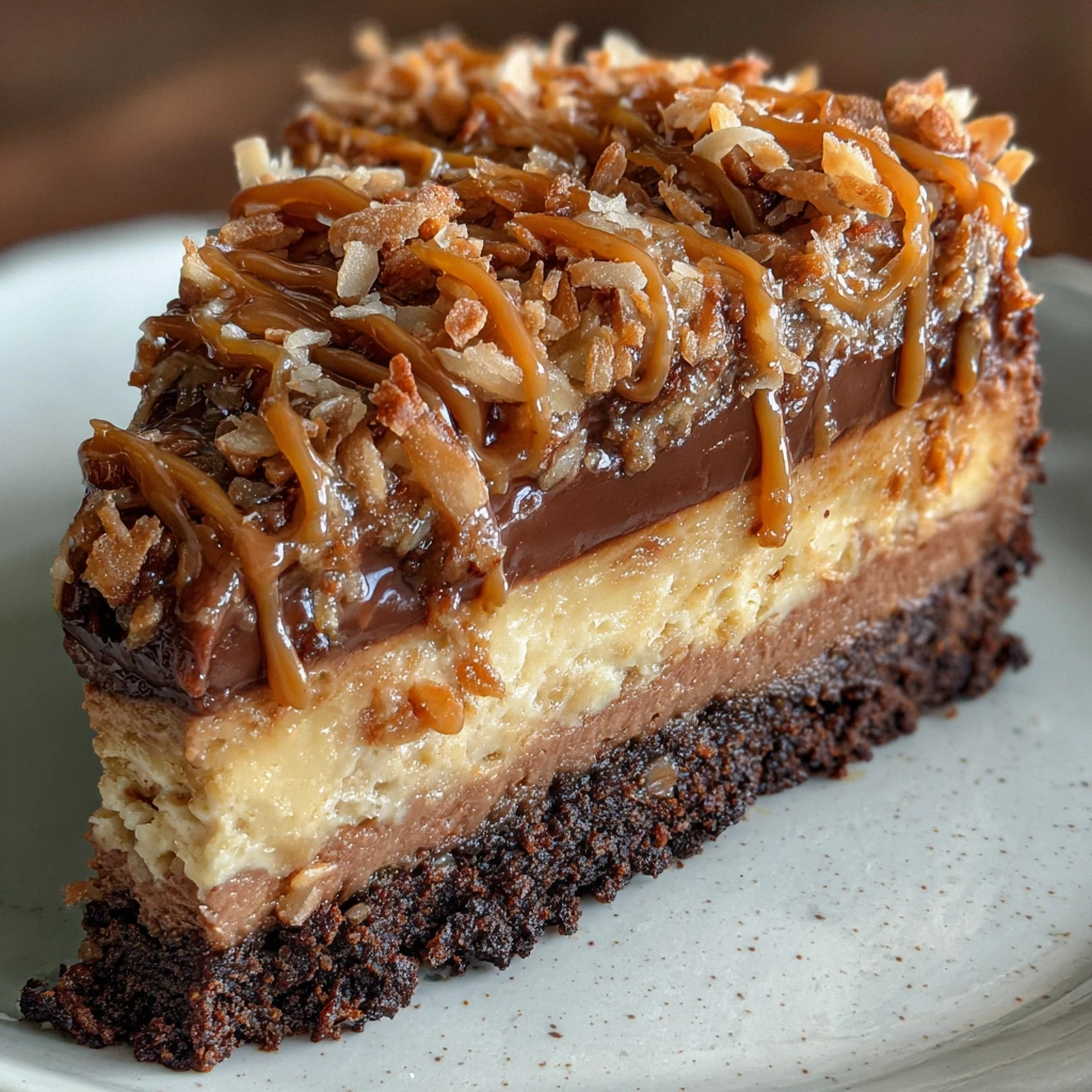 Decadent German Chocolate Cheesecake with Rich Chocolate and Coconut Topping