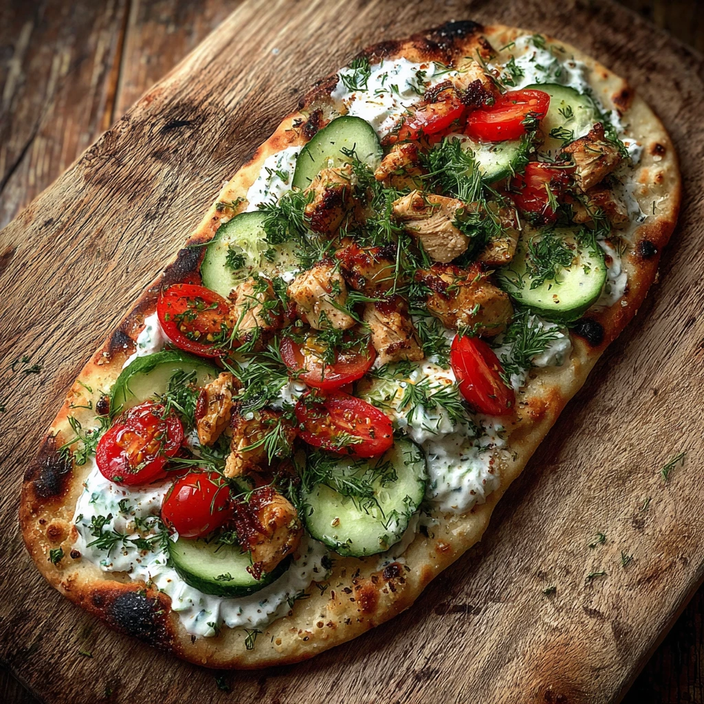 Savory Greek Chicken Flatbread with Fresh Vegetables and Tzatziki Sauce