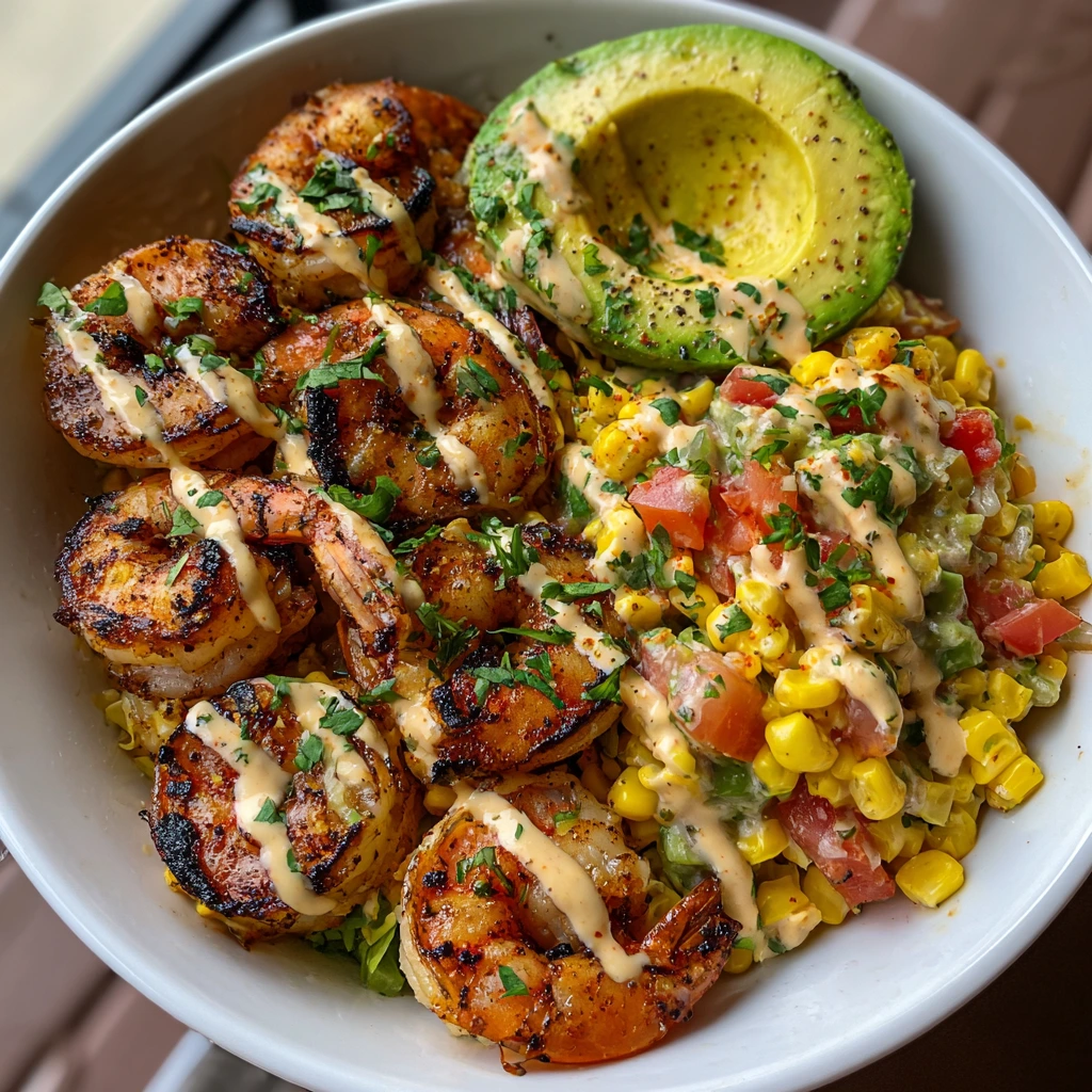 Delicious Grilled Shrimp Bowl with Creamy Avocado and Fresh Corn Salsa