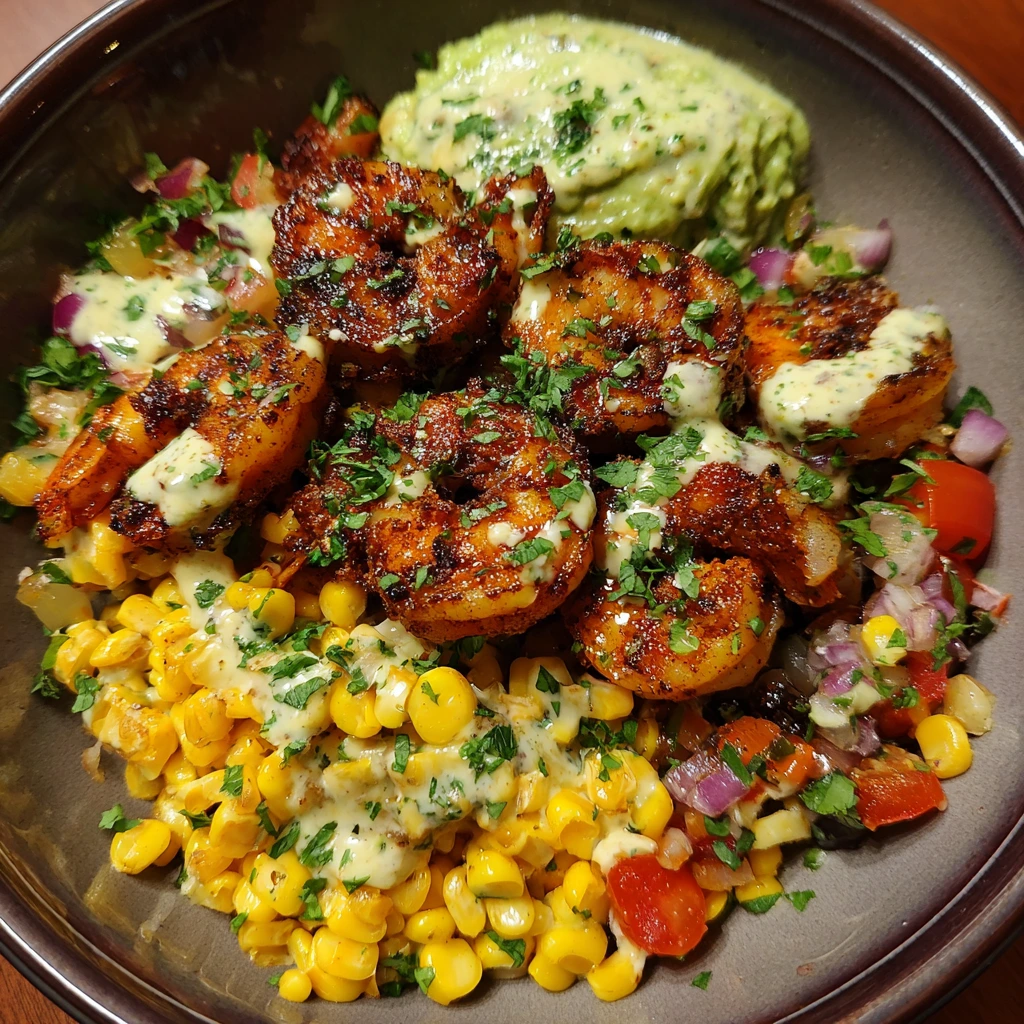 Zesty Grilled Shrimp Bowl with Avocado, Colorful Corn Salsa & Creamy Garlic Sauce