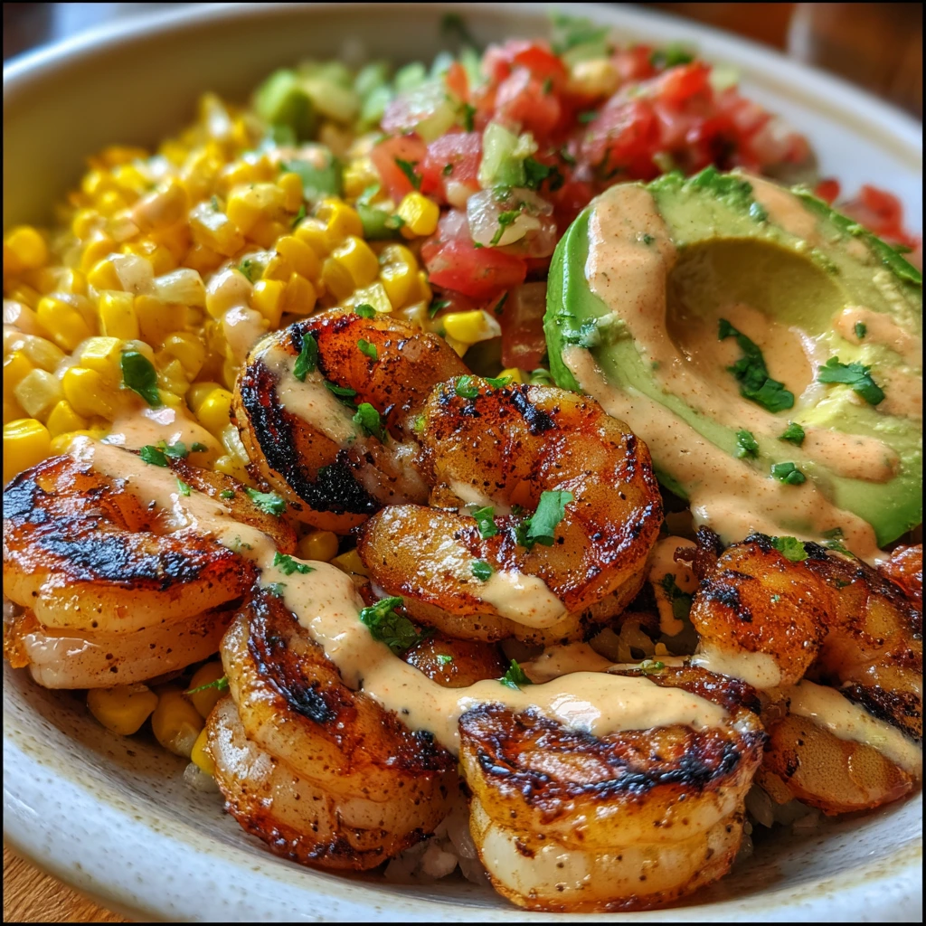 Delicious Grilled Shrimp Bowl with Creamy Avocado and Fresh Corn Salsa