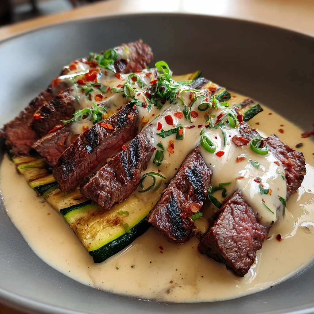 Savory Grilled Steak Bowl with Creamy Garlic Sauce & Zesty Grilled Zucchini