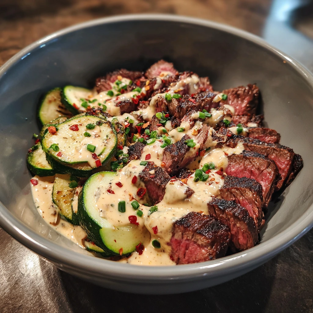 Savory Grilled Steak Bowl with Creamy Garlic Sauce & Zesty Grilled Zucchini