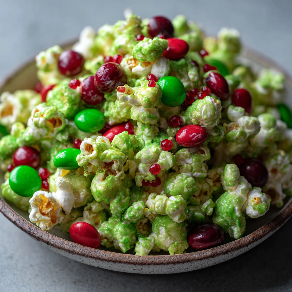 Deliciously Festive Grinch Popcorn Mix with White Chocolate and Sprinkles