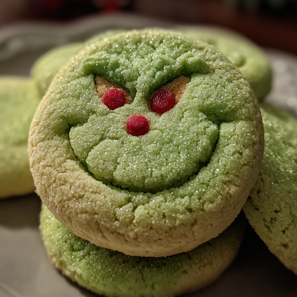 Festive Grinch Sugar Cookies with Minty Green Icing and Red Sprinkles