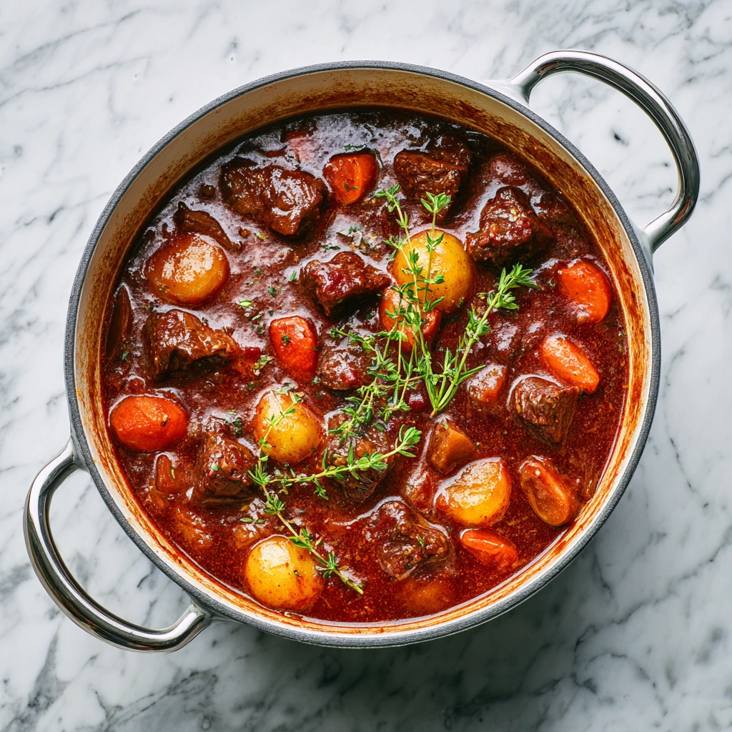 Hearty Red Wine Beef Stew with Carrots, Potatoes, and Fresh Herbs