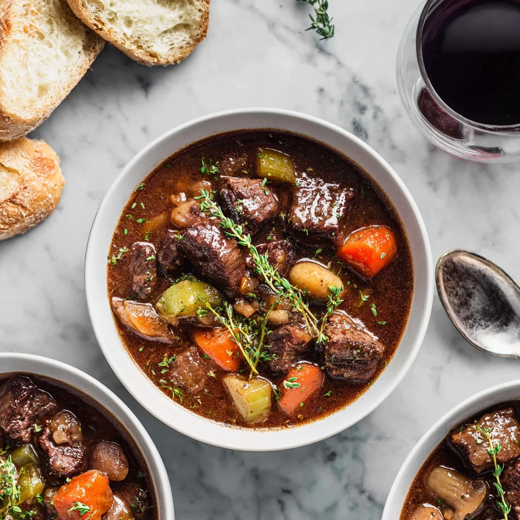 Hearty Red Wine Beef Stew with Carrots, Potatoes, and Fresh Herbs