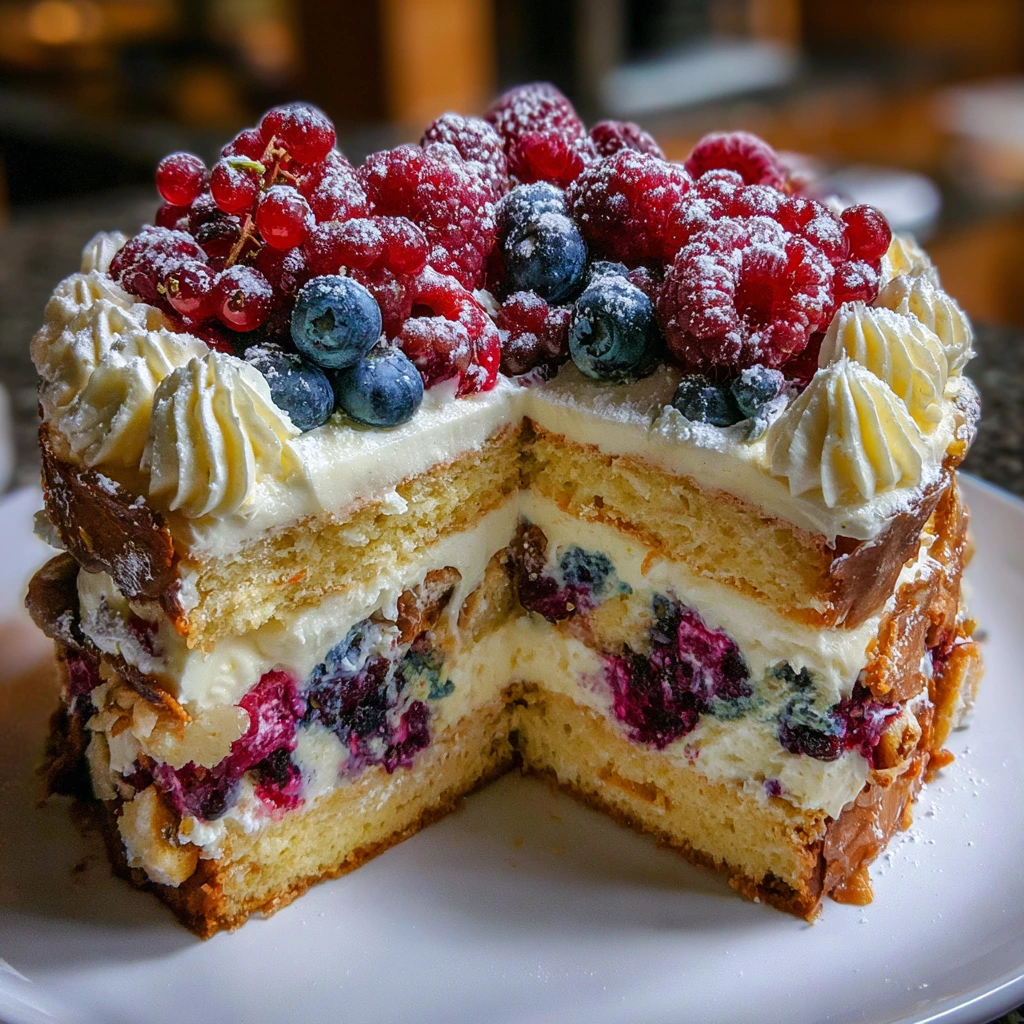 Decadent Heaven on Earth Cake with Whipped Cream and Fresh Berries