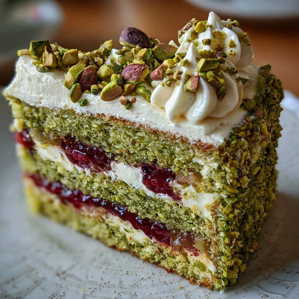 Decadent Heavenly Pistachio Raspberry Cake with Tangy Cream Cheese Frosting