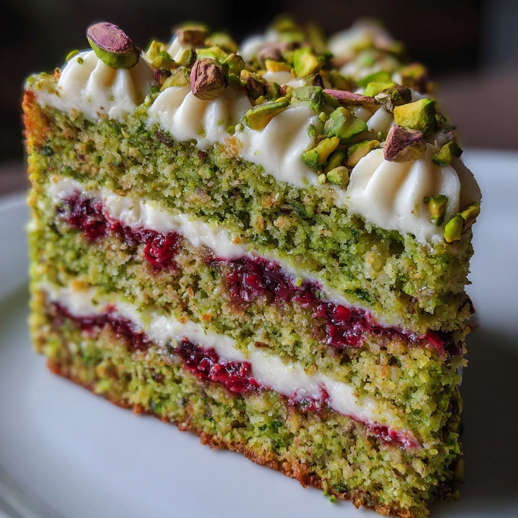Decadent Heavenly Pistachio Raspberry Cake with Tangy Cream Cheese Frosting