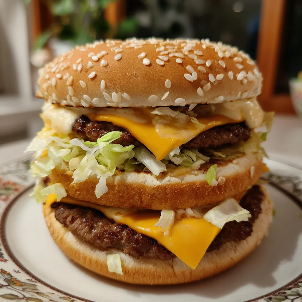 Ultimate Homemade Big Mac with Special Sauce Three Layer Sesame Seed Burger