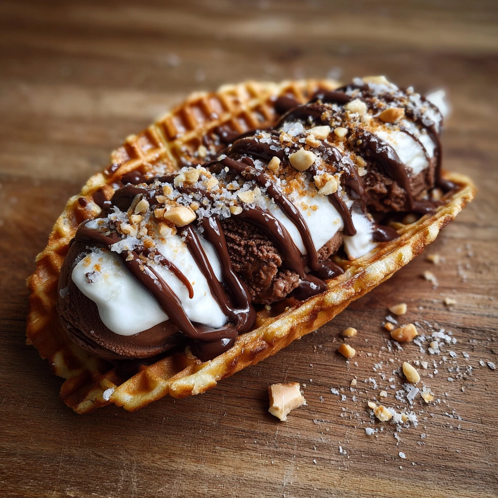 Deliciously Crunchy Homemade Choco Tacos with Ice Cream and Chocolate Sauce