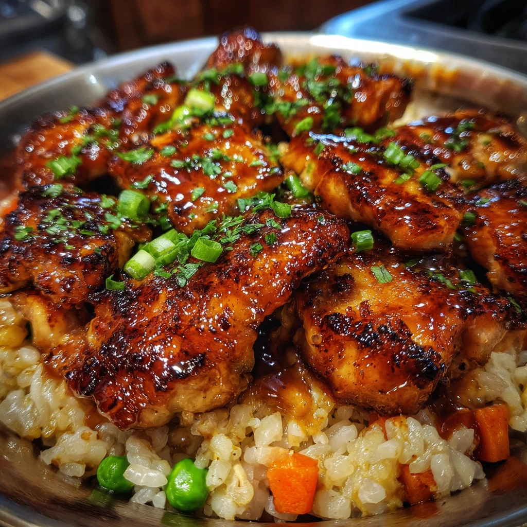 Savory Honey BBQ Chicken Rice Bowl with Crispy Vegetables